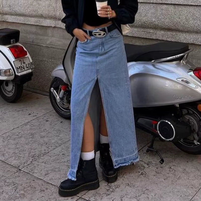 Hot Style Streetwear Elegant Slit Blue High Waist Denim Skirt Casual Straight Long Skirts for Women