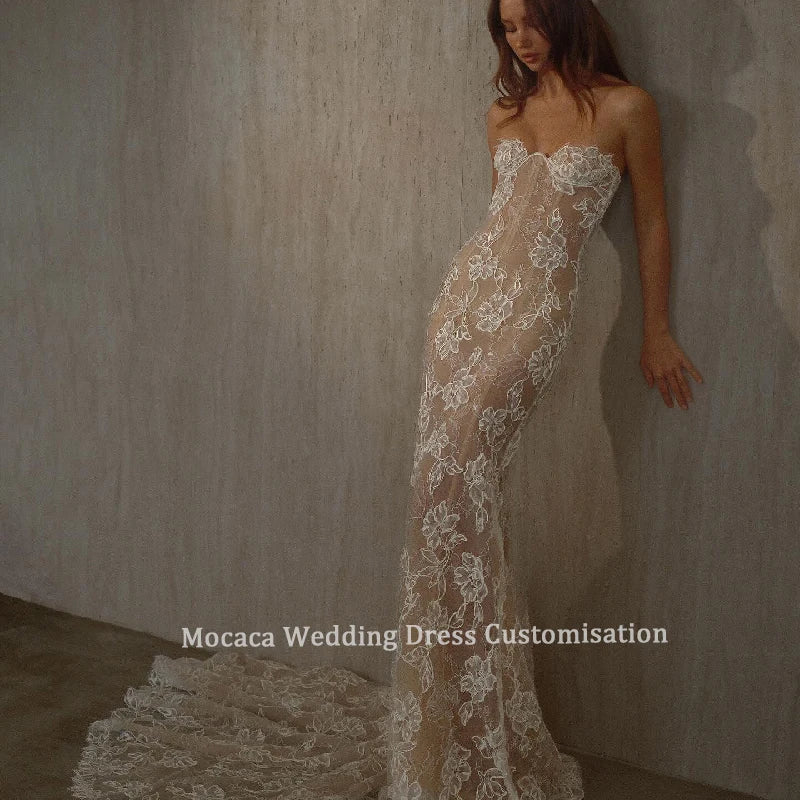 Mocaca Customized Sexy Illusion Lace Bridal Dress Strapless Fitted Mermaid Silhouette Chapel Train for Modern Wedding Dress