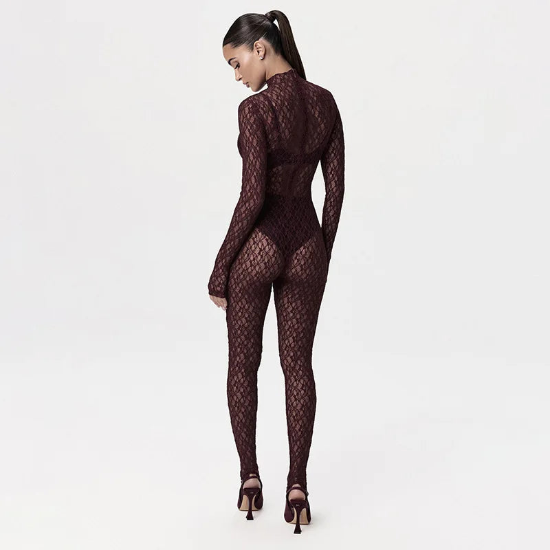 Sexy Transparent Lace Jumpsuit Long Sleeved High Neck Bodysuit Tight Romper Women'S Party Nightclub Party Streetwear