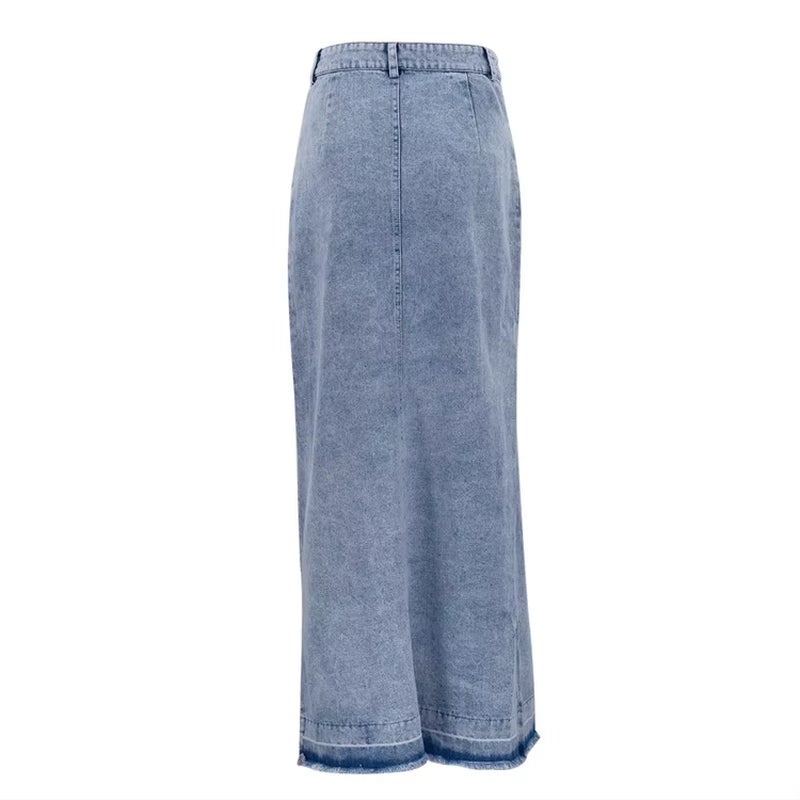 Hot Style Streetwear Elegant Slit Blue High Waist Denim Skirt Casual Straight Long Skirts for Women