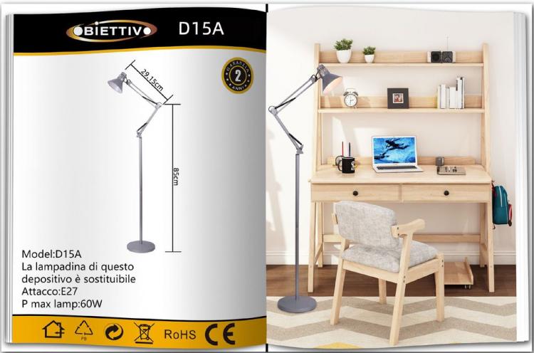 Lampada a Piantana Da Terra Braccio Orientabile Luce Lettura Metallo Grigio|D15A