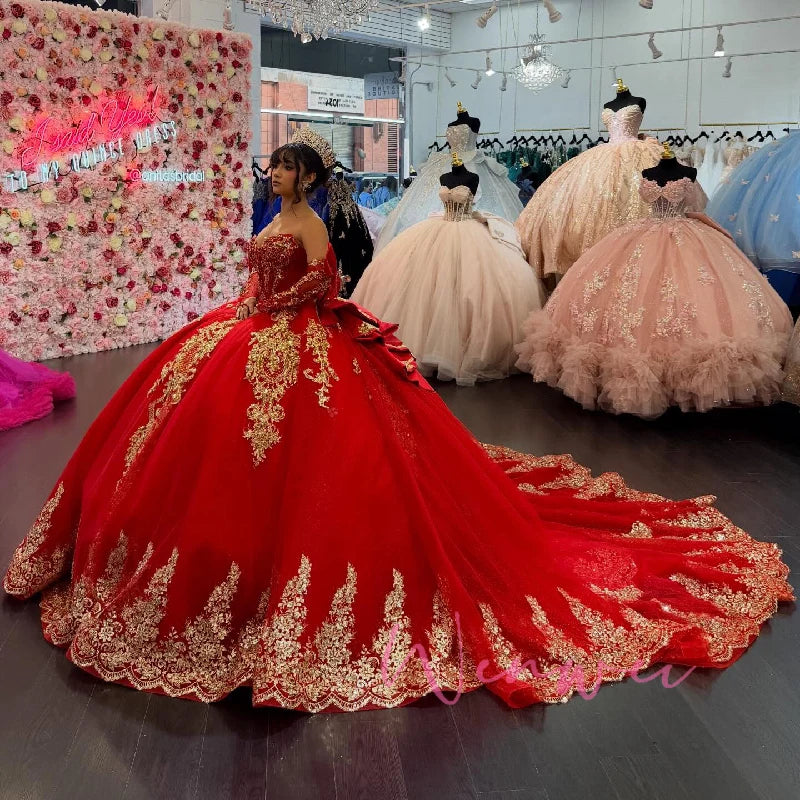 Sophie Store Customized Red Quinceanera Dree off the Shoulder Gold Applique Lace Beading Bow Tull Coret Party Birthday Sweet 16