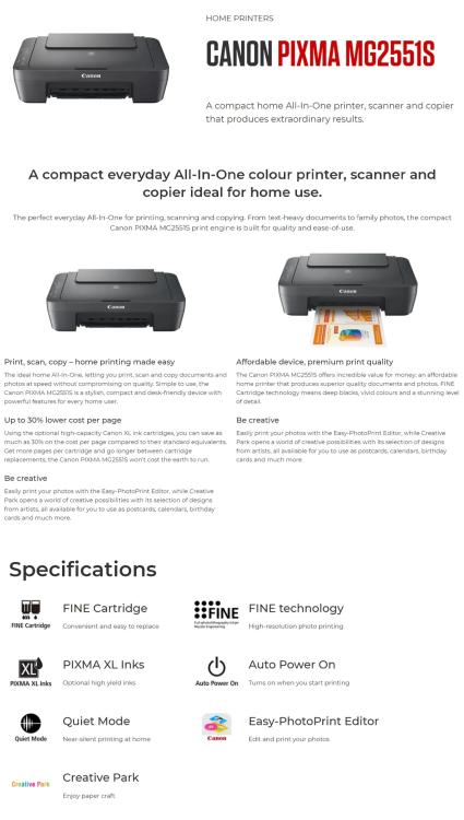 Canon Pixma Mg2551s Stampante Multifunzione A Getto D'Inchistro 3in1 Scanner