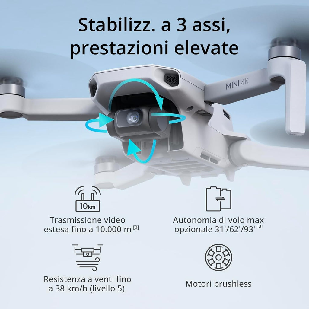 DJI Mini 4K, Drone per adulti, fotocamera 4K HD, Radiocomando RC-N1 Camera UHD < 249 g, stabilizzatore 3 assi, trasmissione video 10 km, return automatico, resistenza al vento, 1 batteria per tempo di volo 31', volo intelligente
