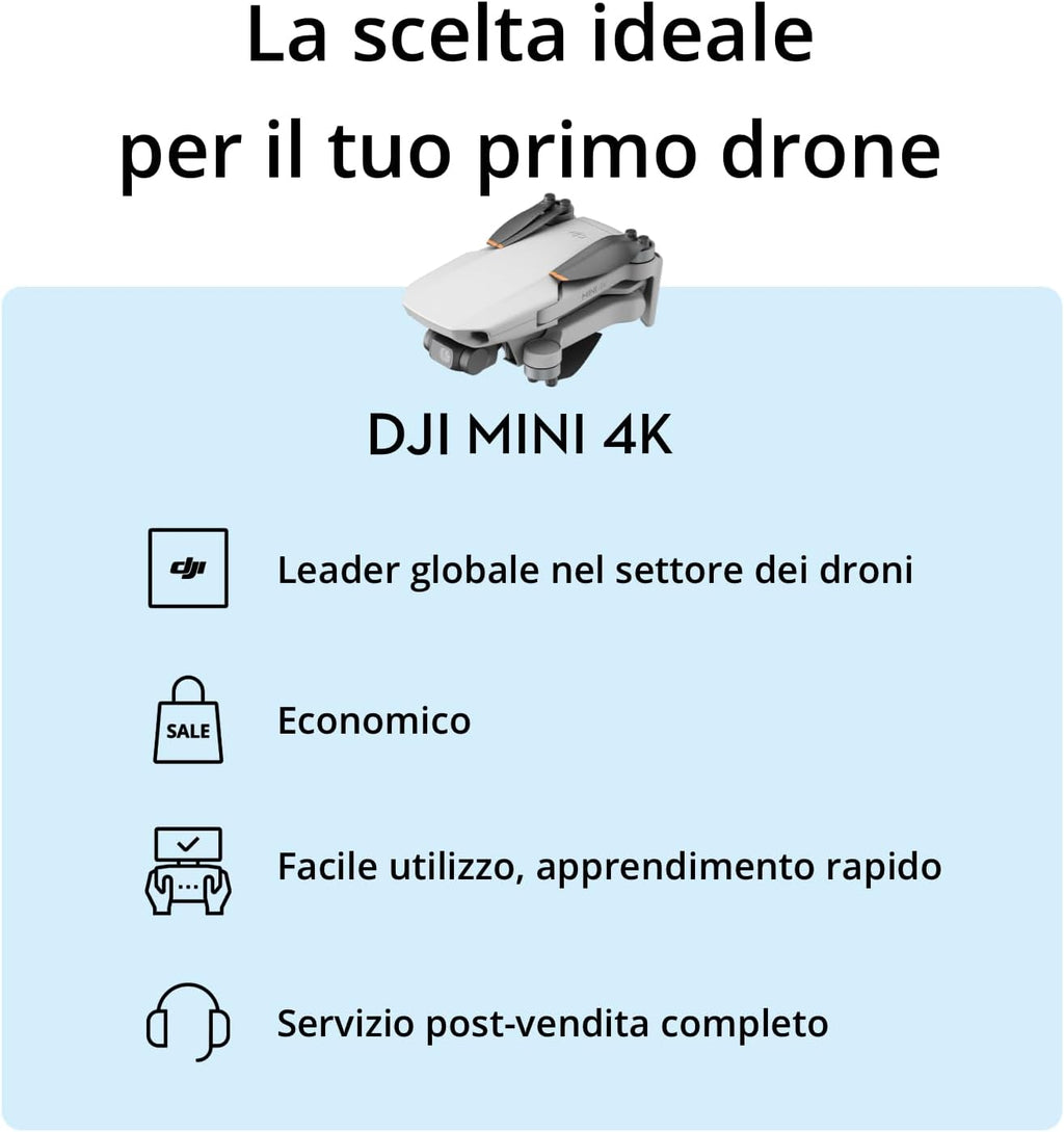 DJI Mini 4K, Drone per adulti, fotocamera 4K HD, Radiocomando RC-N1 Camera UHD < 249 g, stabilizzatore 3 assi, trasmissione video 10 km, return automatico, resistenza al vento, 1 batteria per tempo di volo 31', volo intelligente