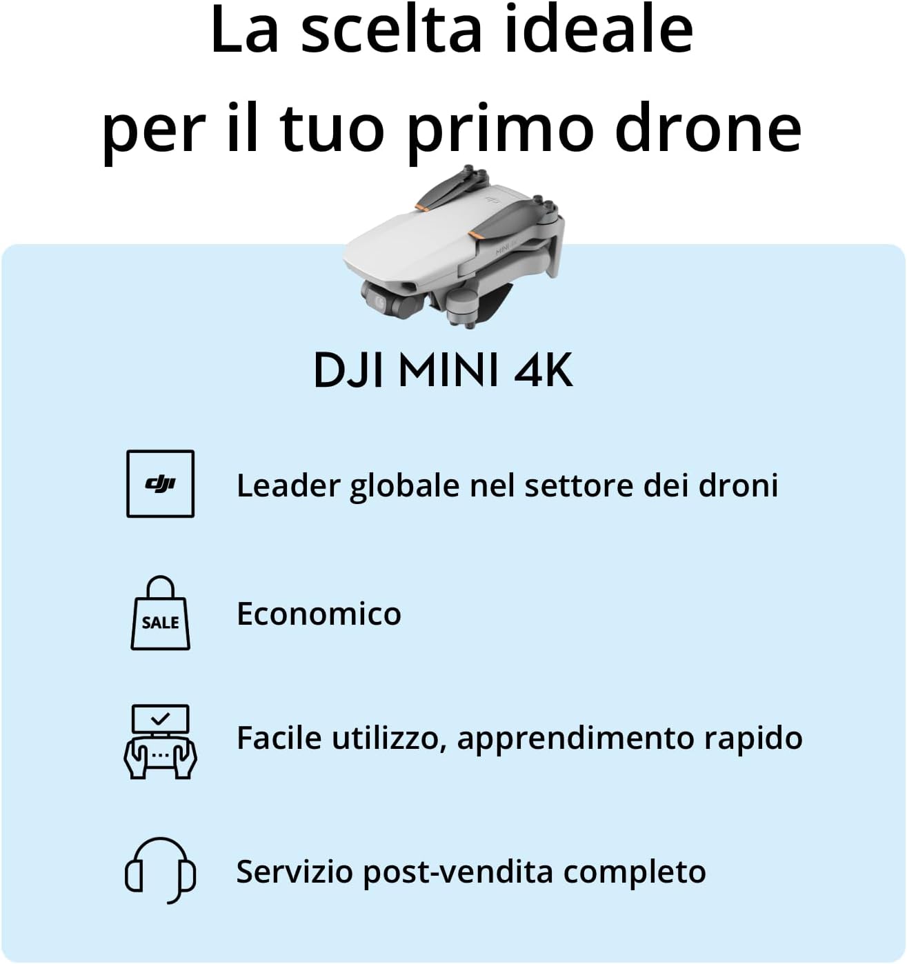 DJI Mini 4K, Drone per adulti, fotocamera 4K HD, Radiocomando RC-N1 Camera UHD < 249 g, stabilizzatore 3 assi, trasmissione video 10 km, return automatico, resistenza al vento, 1 batteria per tempo di volo 31', volo intelligente