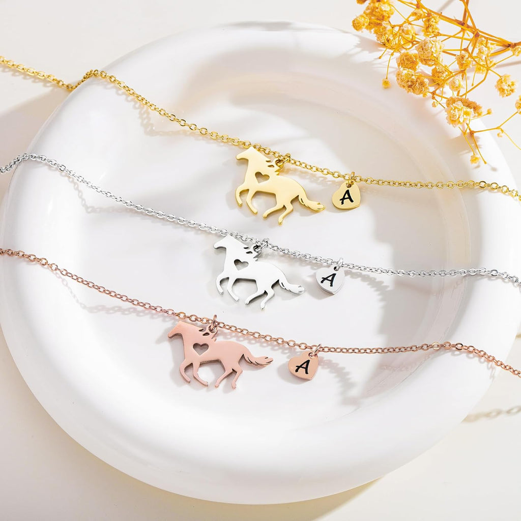 Easter Gifts for Kids Toddlers Teens - Easter Basket Stuffers Horse Necklace Gifts for Girls Horse Jewelry Necklaces Heart Initial Necklace Personalized Birthday Gift for Kids Teen Girl Women