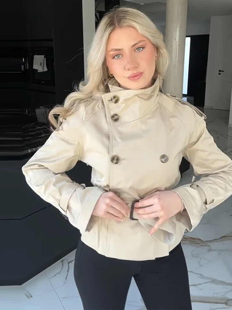 Fashion Flared Sleeve Women Coat Elegant Stand Collar Single Breasted Long Sleeved Female Jacket 2025 Autumn Commuter Lady Coats