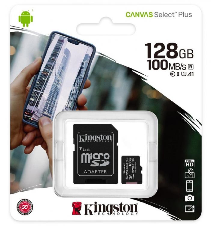 Kingston Micro Sd 128Gb + Adattatore Canvas Plus Sdcs2 Classe 10 100Mb/S