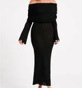 Summer Fall 2024 Women'S Knitwear Bodycon See Though Sexy Elegant Long Sleeve off Shoulder Maxi Knitted Dress