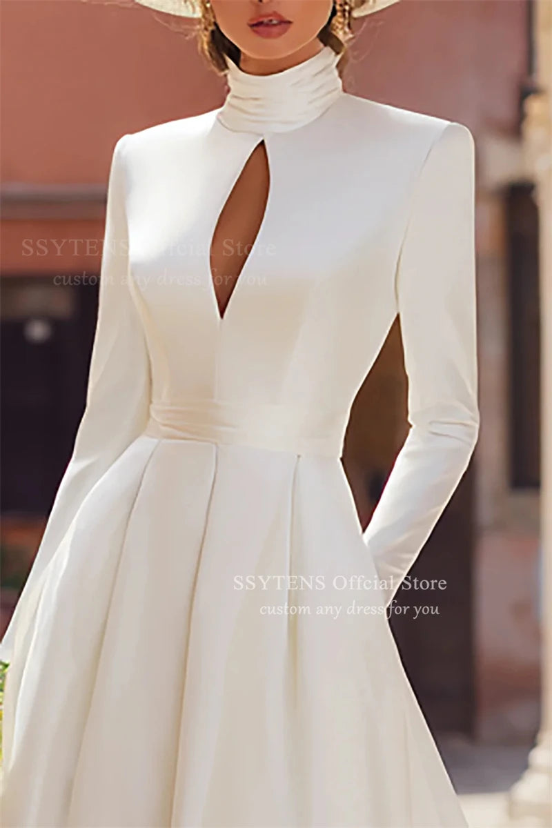 White Wedding Dresses Tea Length High Neck A-Line Zipper Back Bridal Gowns for Women Real Photo Bride Dresses Customized