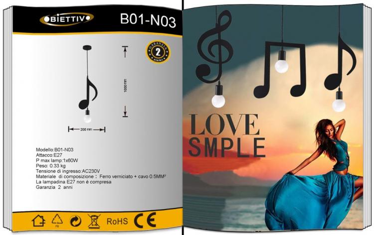 Lampadario A Sospensione Portalampada Nero Led 2 Nota Musicale Moderno E27 B01N3