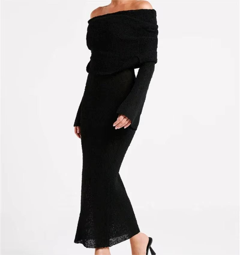 Summer Fall 2024 Women'S Knitwear Bodycon See Though Sexy Elegant Long Sleeve off Shoulder Maxi Knitted Dress