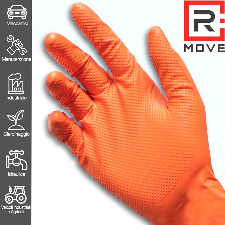 Rmove 100Pz 8.5Gr Da Lavoro Guanti Nitrile Arancione Senza Polvere Full Grip XL