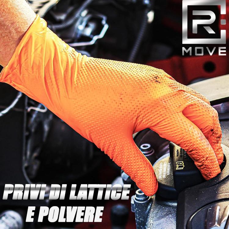 Rmove 50Pz 8.5Gr da Lavoro Guanti Nitrile Arancione Senza Polvere Full Grip (XL)