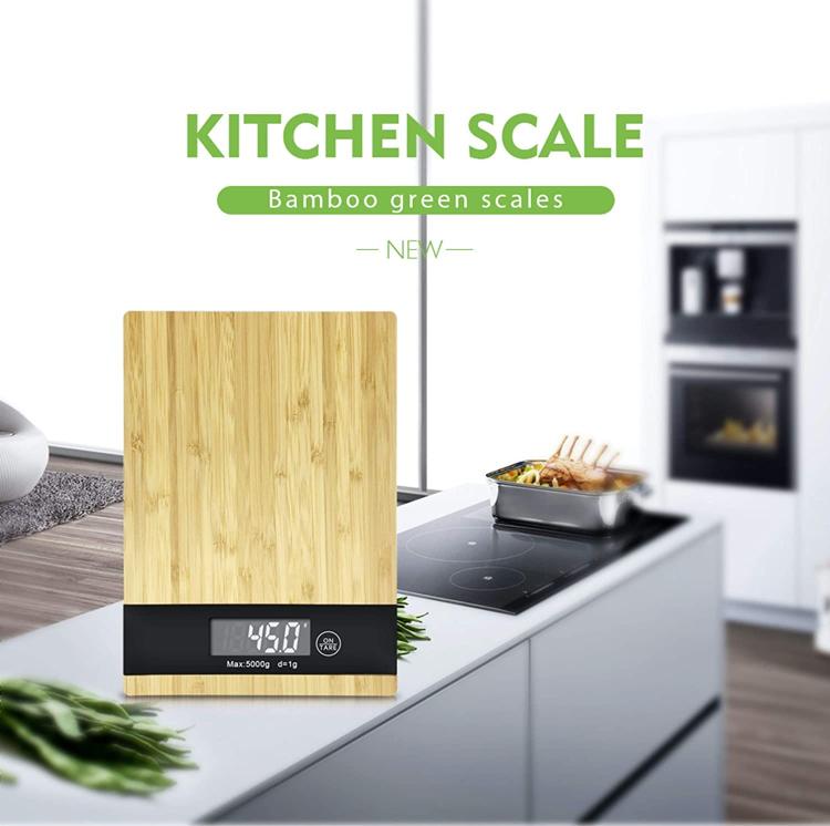 BILANCIA ELETRONICA DIGITALE DA PER CUCINA 1G -5KG CON PIATTO IN LEGNO VETRO LCD