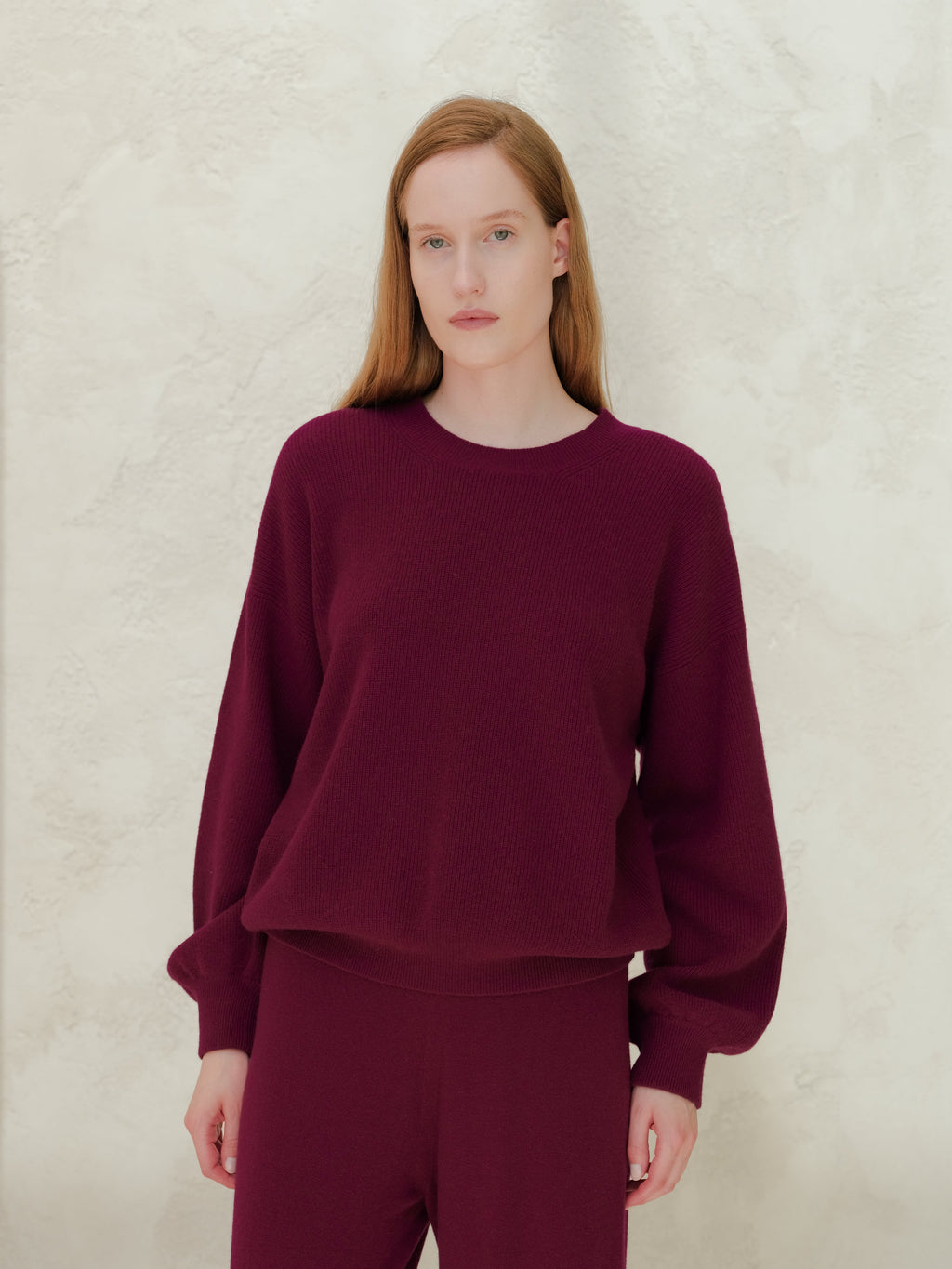 Cashmere Mix Ribbed Crewneck Sweater with Balloon Sleeves