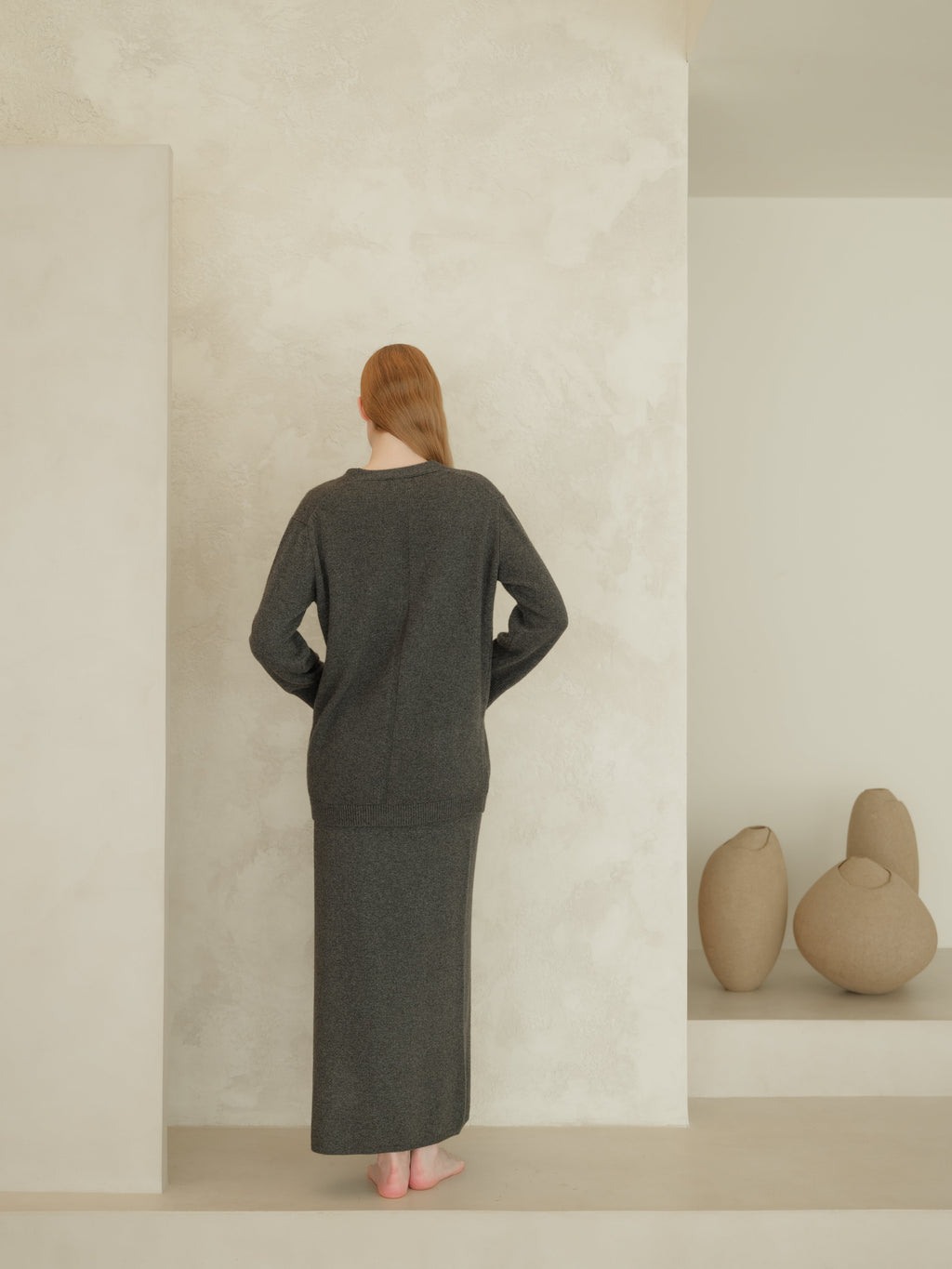 Cashmere Mix High-Waist Long Skirt With Side Slit (3D-Knit)