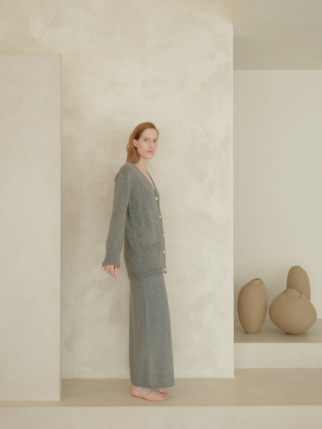 Cashmere Mix High-Waist Long Skirt With Side Slit (3D-Knit)