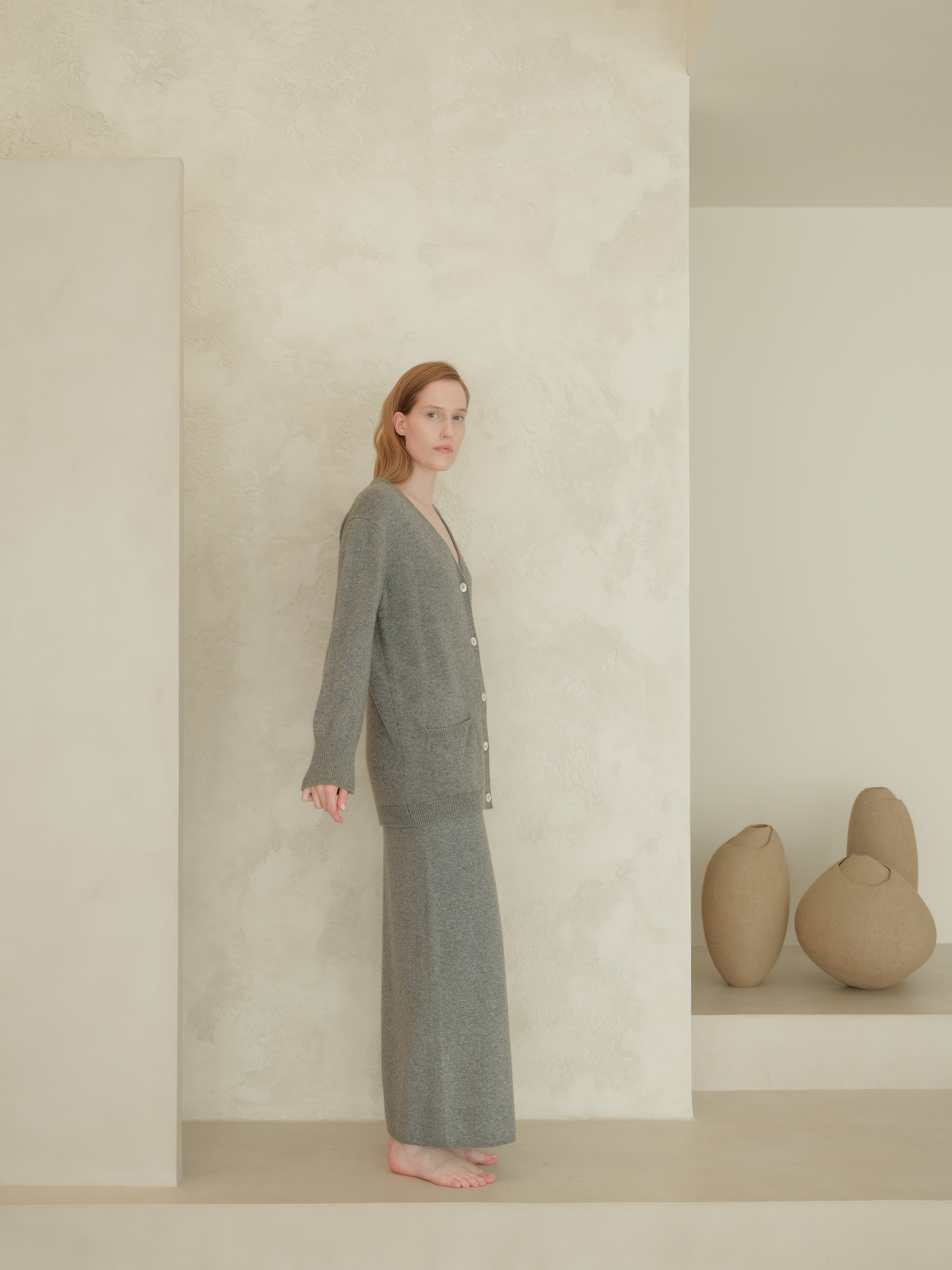 Cashmere Mix High-Waist Long Skirt With Side Slit (3D-Knit)