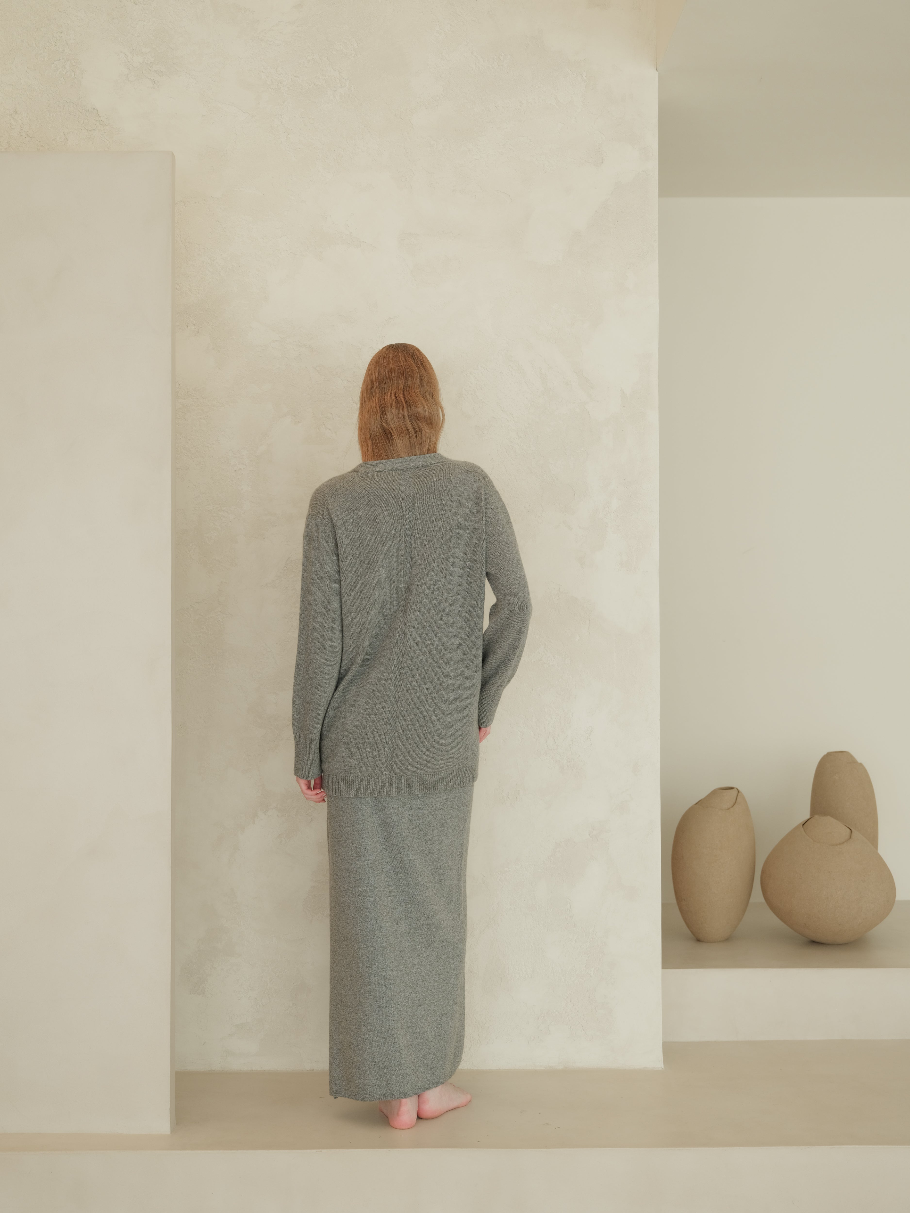 Cashmere Mix High-Waist Long Skirt With Side Slit (3D-Knit)