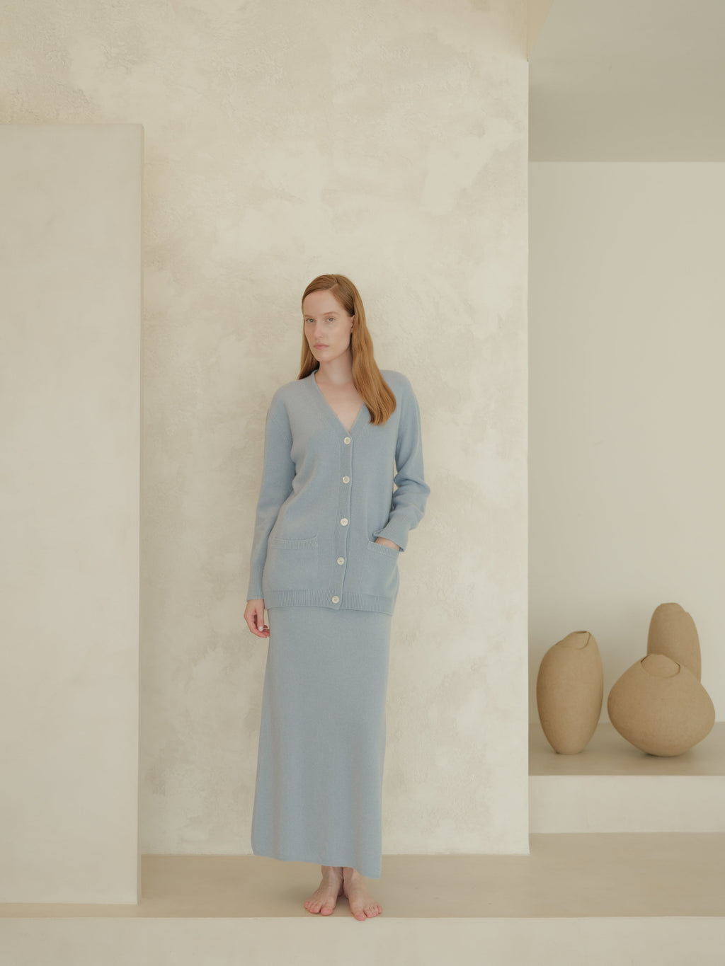 Cashmere Mix High-Waist Long Skirt With Side Slit (3D-Knit)