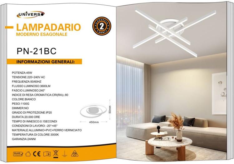 Plafoniera Moderna A Led 45 Watt Lampada Lampadario Soffitto Bianco Calda 3000K