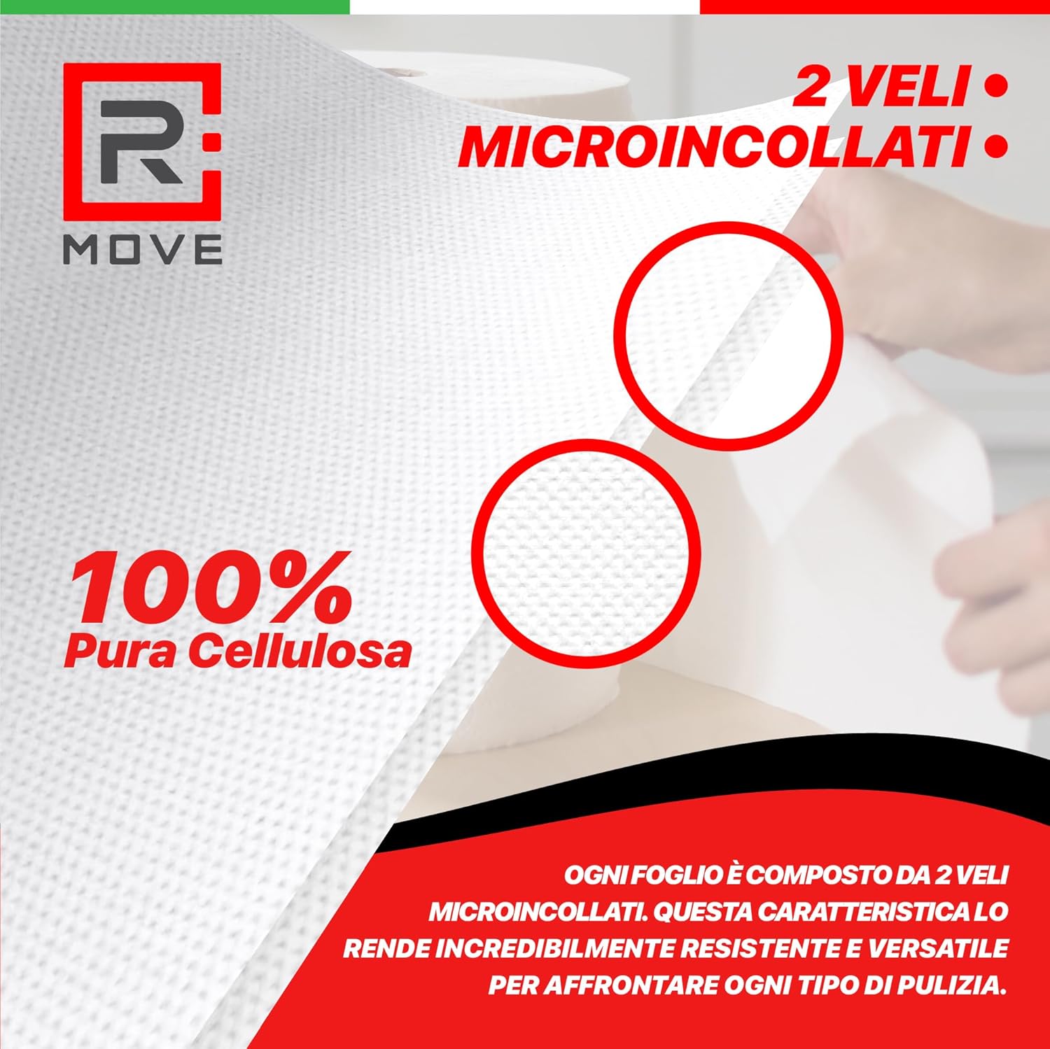 R Move 4 Rotoloni di Carta asciugatutto, Bobina industriale mani Professionale a 800 Strappi, Asiugamani Pura Cellulosa lunga durata extra resistente, assorbenti da cucina, 3200 strappi totali