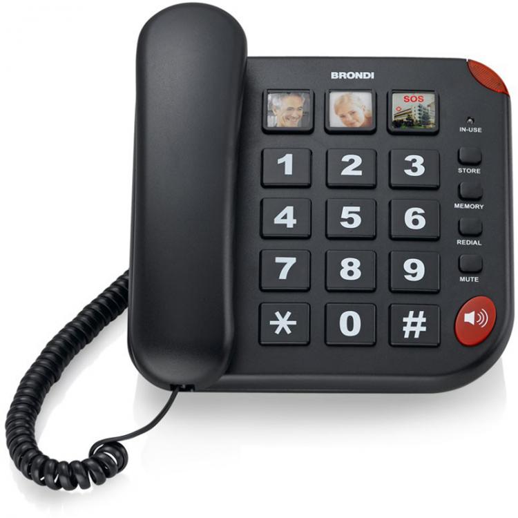 BRONDI BRAVO 15 NERO TELEFONO FISSO VIVAVOCE TASTI GRANDI ANZIANI CHIAMATA SOS