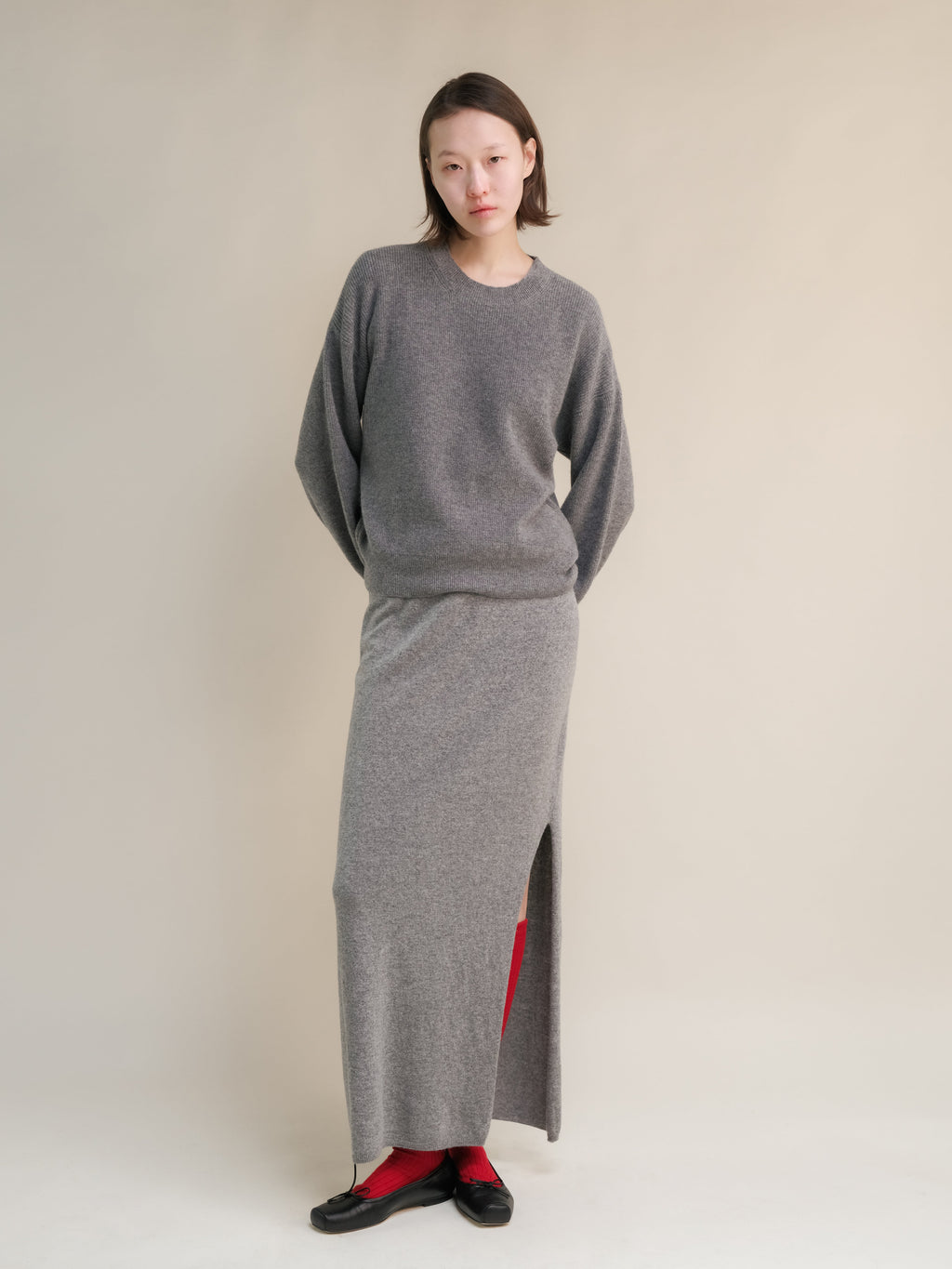 Cashmere Mix High-Waist Long Skirt With Side Slit (3D-Knit)