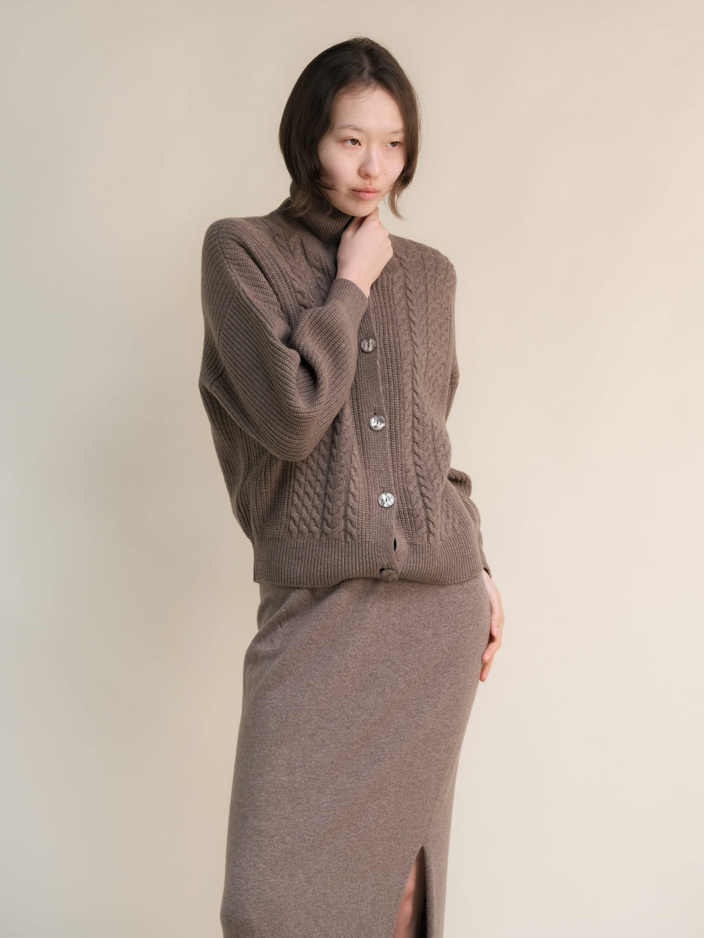 Cashmere Mix Cable Polo Cardigan