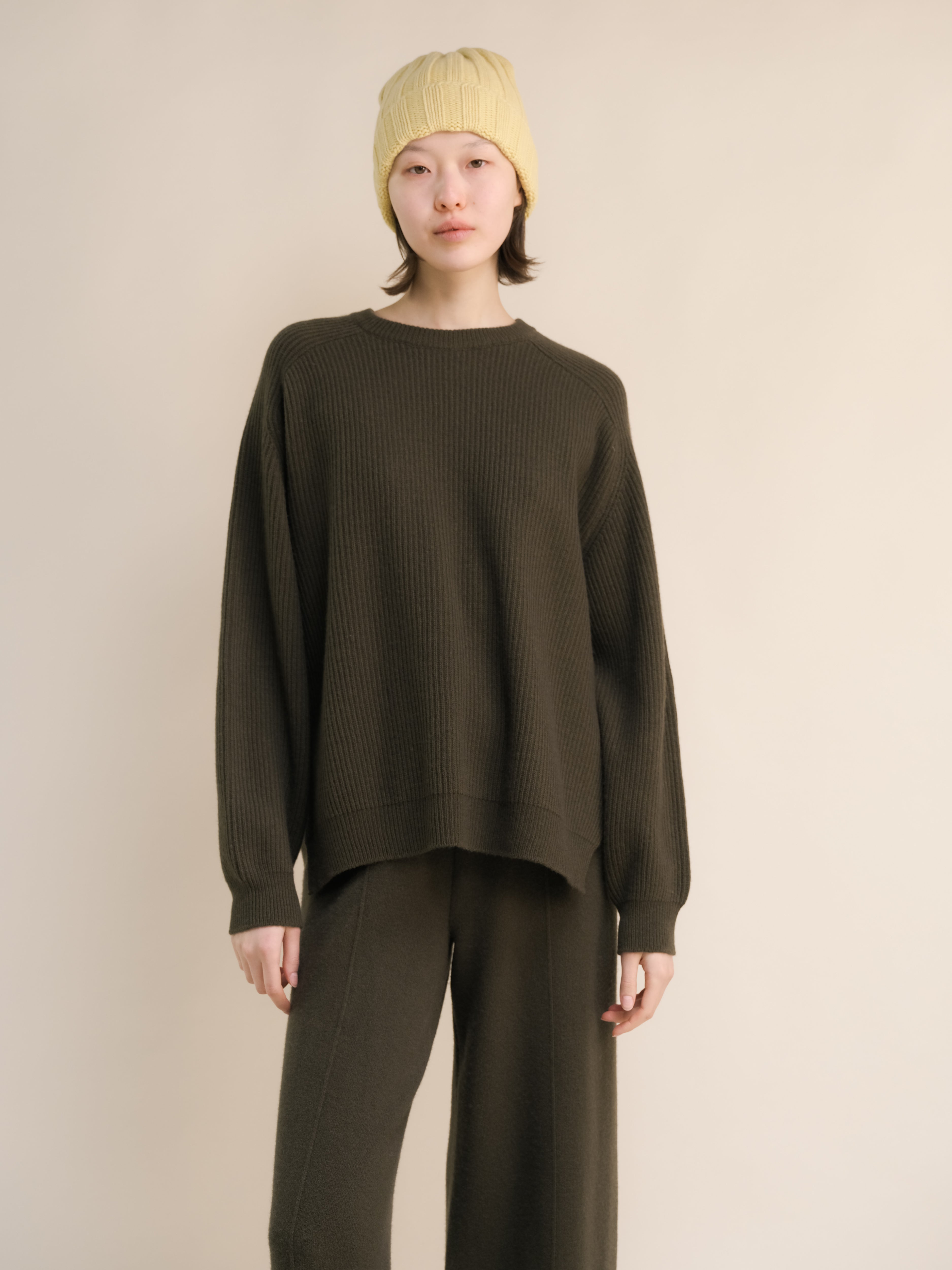 Cashmere Mix Crewneck Ribbed Sweater with Lateral Slits