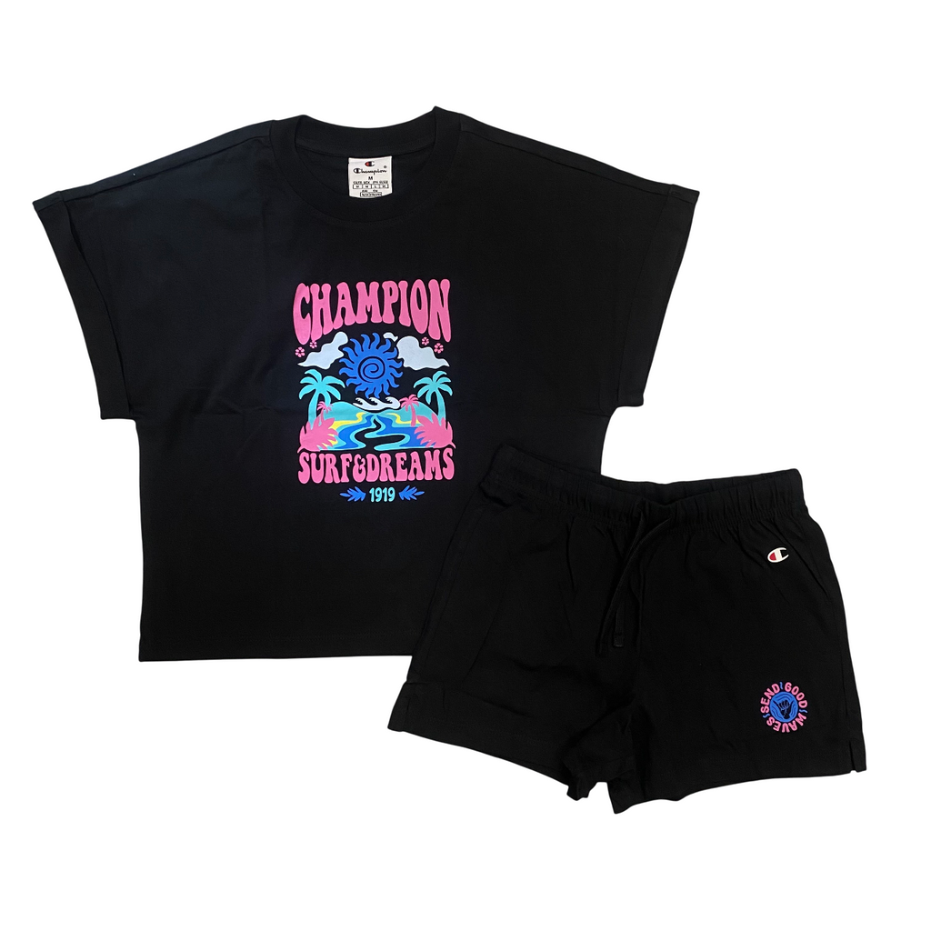 Champion completino da ragazza maglietta e pantaloncino in cotone jersey 405127 KK001 nero