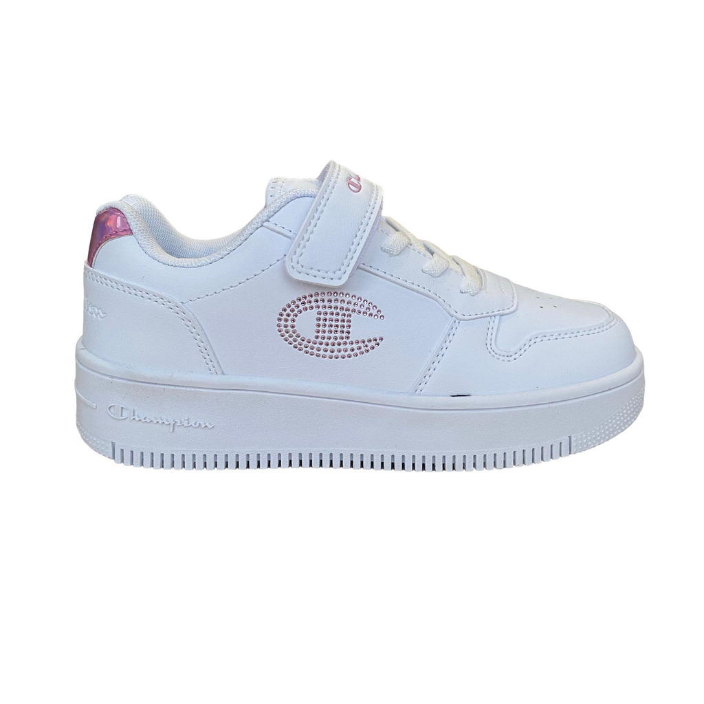 Champion scarpa sneakers da bambina con logo glitterato laccio elastico e velcro S32830-WW010  bianco-rosa
