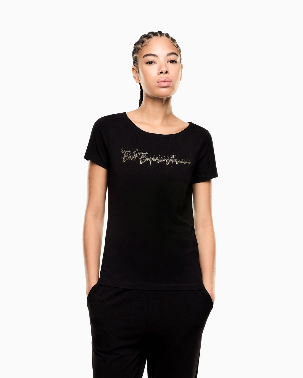 EA7 Emporio Armani T-Shirt Donna Logo Series Micro Borchie Nera - 7W000978 AF10373 UC001