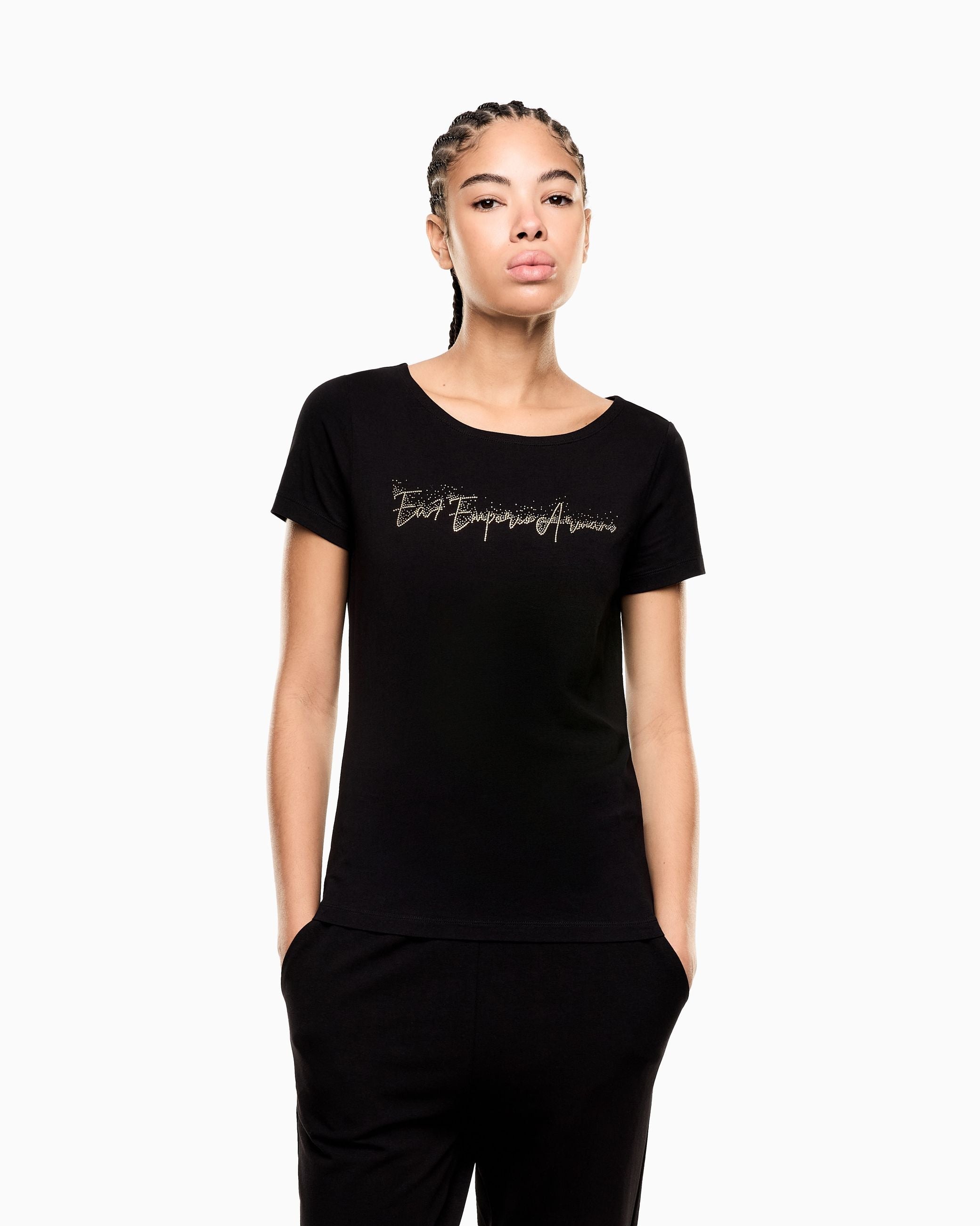 EA7 Emporio Armani T-Shirt Donna Logo Series Micro Borchie Nera - 7W000978 AF10373 UC001