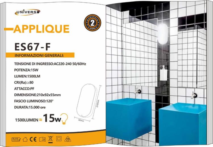 Plafoniera 15W Applique Ovale Lampada Da Esterno Led Muro Parete Ip65 220V 6500K