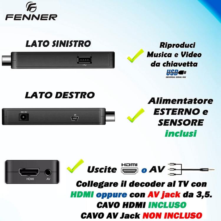 Fenner Fn-Gx3 Decoder Dongle Tv Stick Hd Mini Box Digitale Terrestre Dvb-T2/Hevc