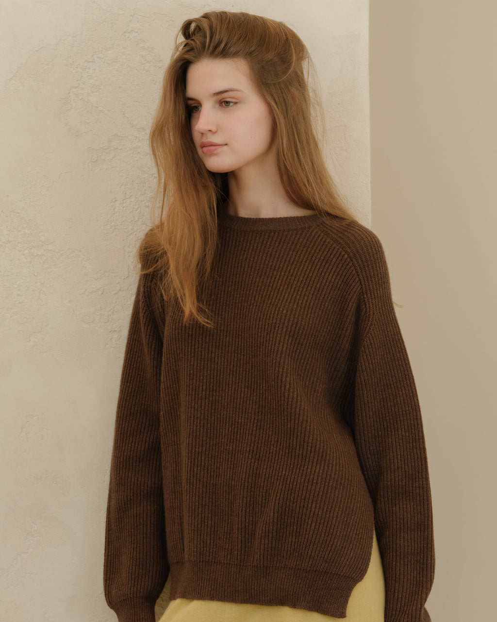 Cashmere Mix Crewneck Ribbed Sweater with Lateral Slits
