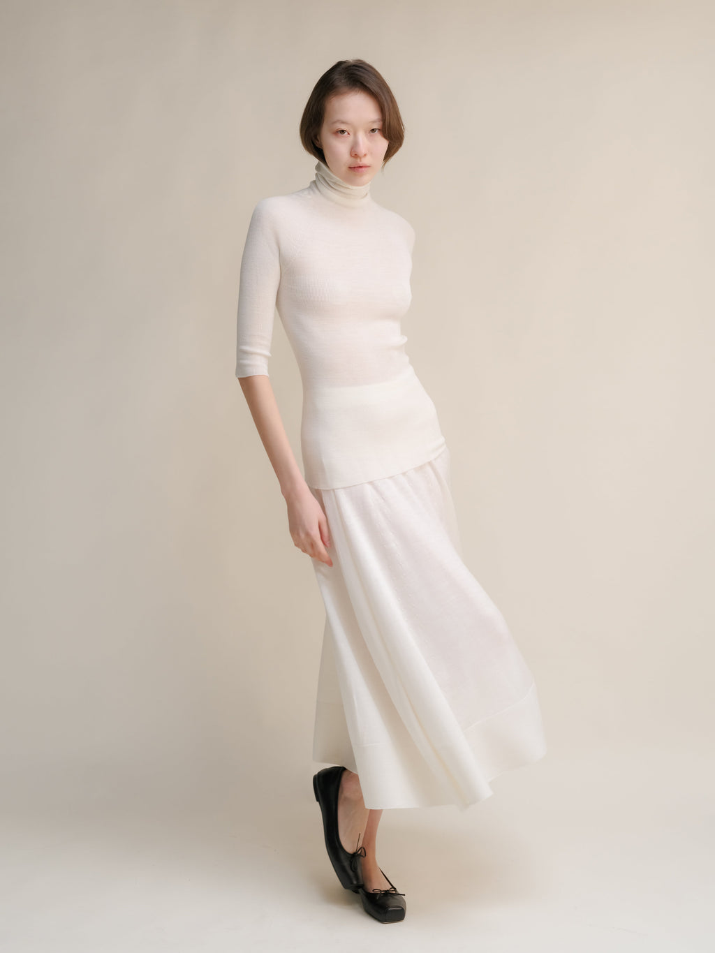 Extra Fine Merino Wool 3/4 Sleeve Ribbed Turtleneck  (3D-Knit)