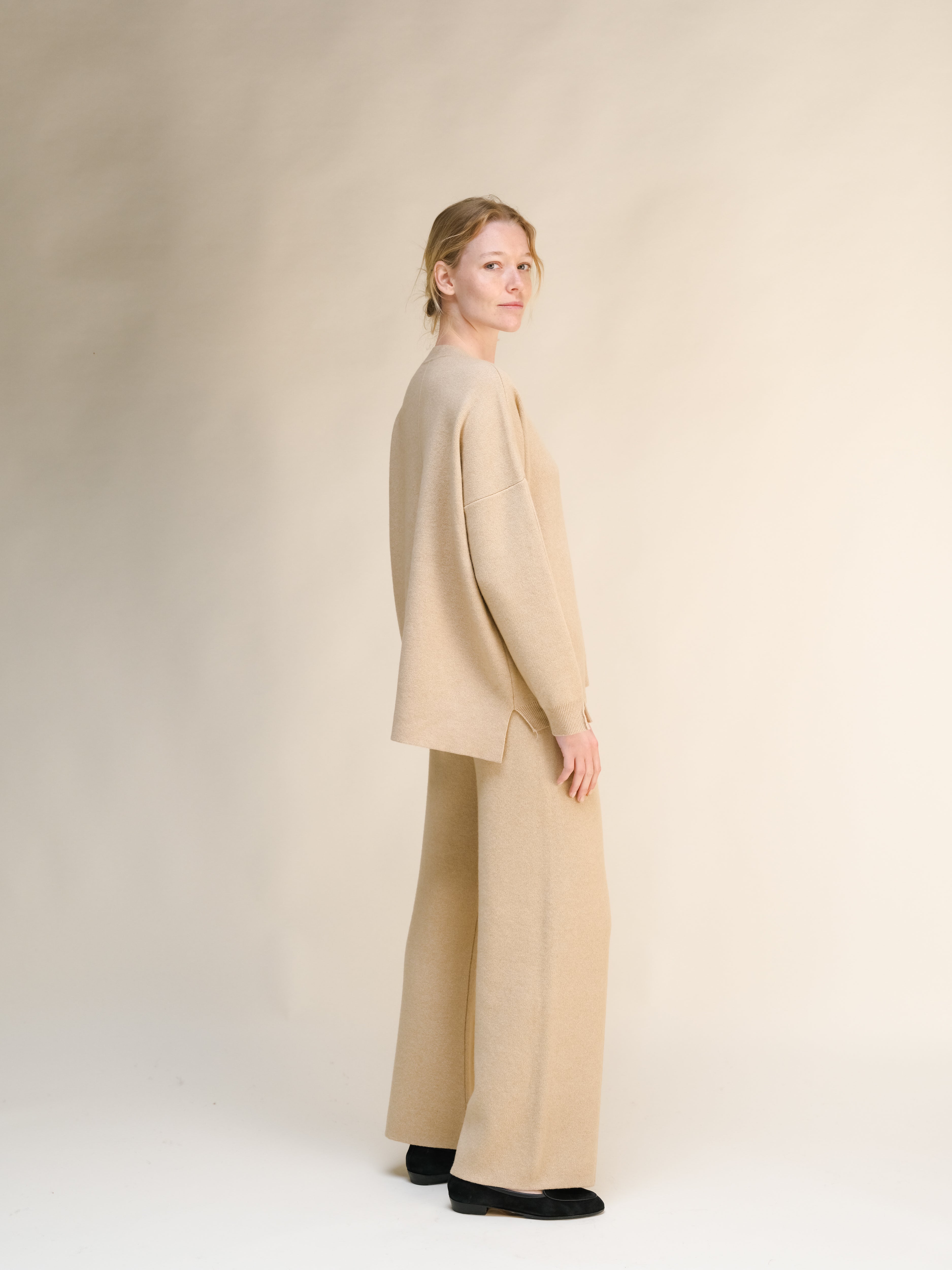 Cashmere Mix Solid Maxi V Neck with Lateral Slits