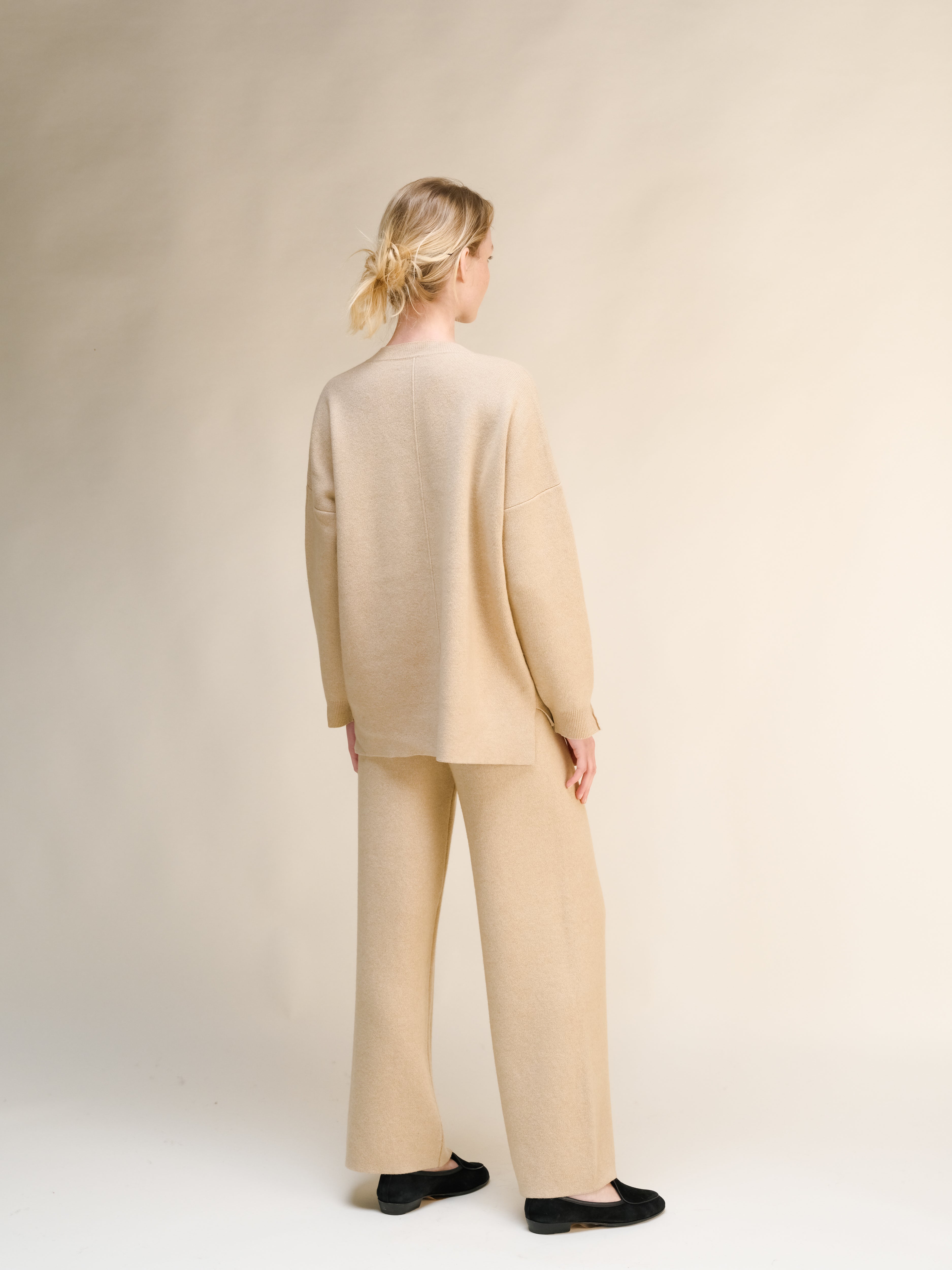Cashmere Mix Solid Maxi V Neck with Lateral Slits