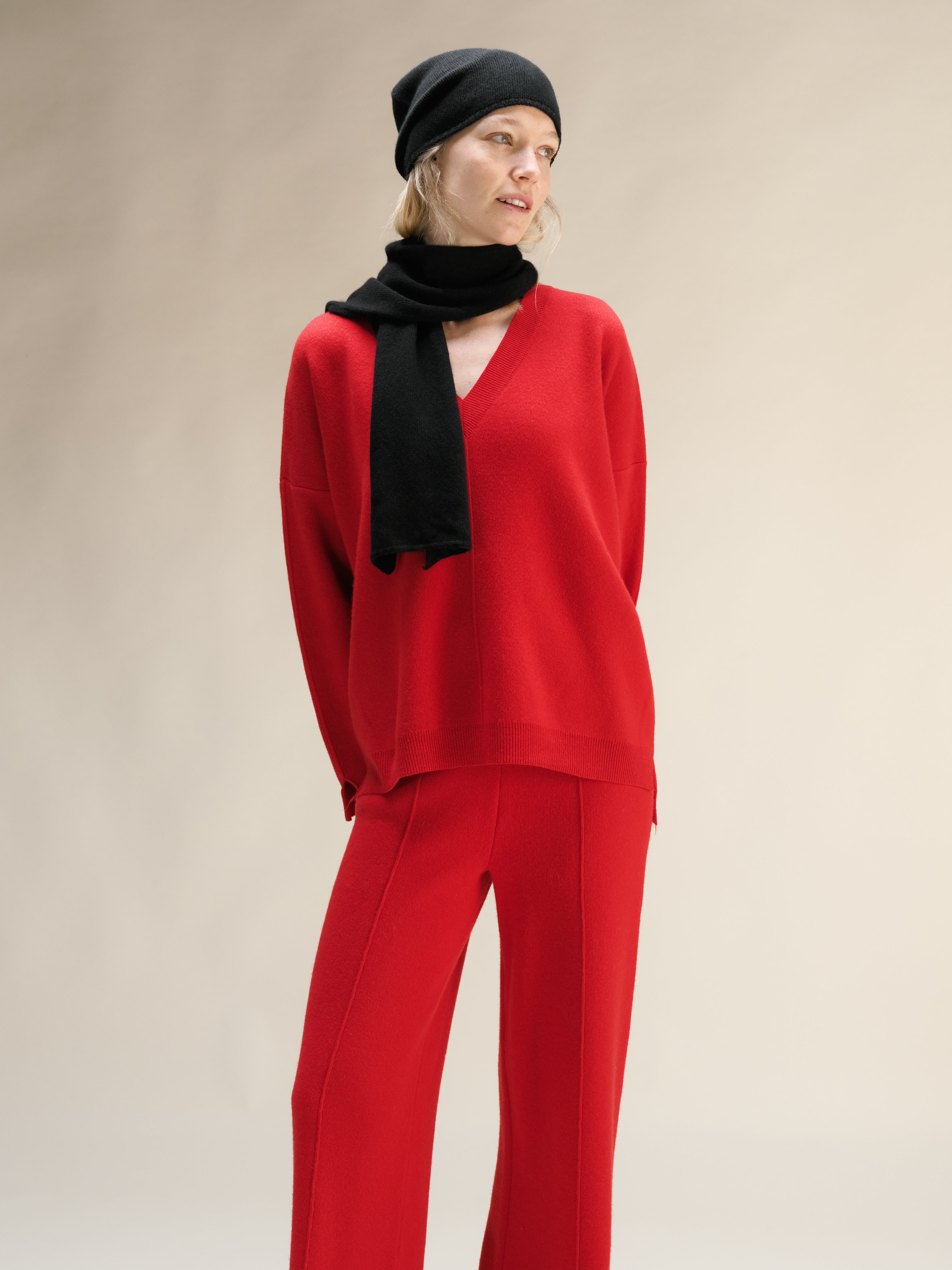 Cashmere Mix Solid Maxi V Neck with Lateral Slits