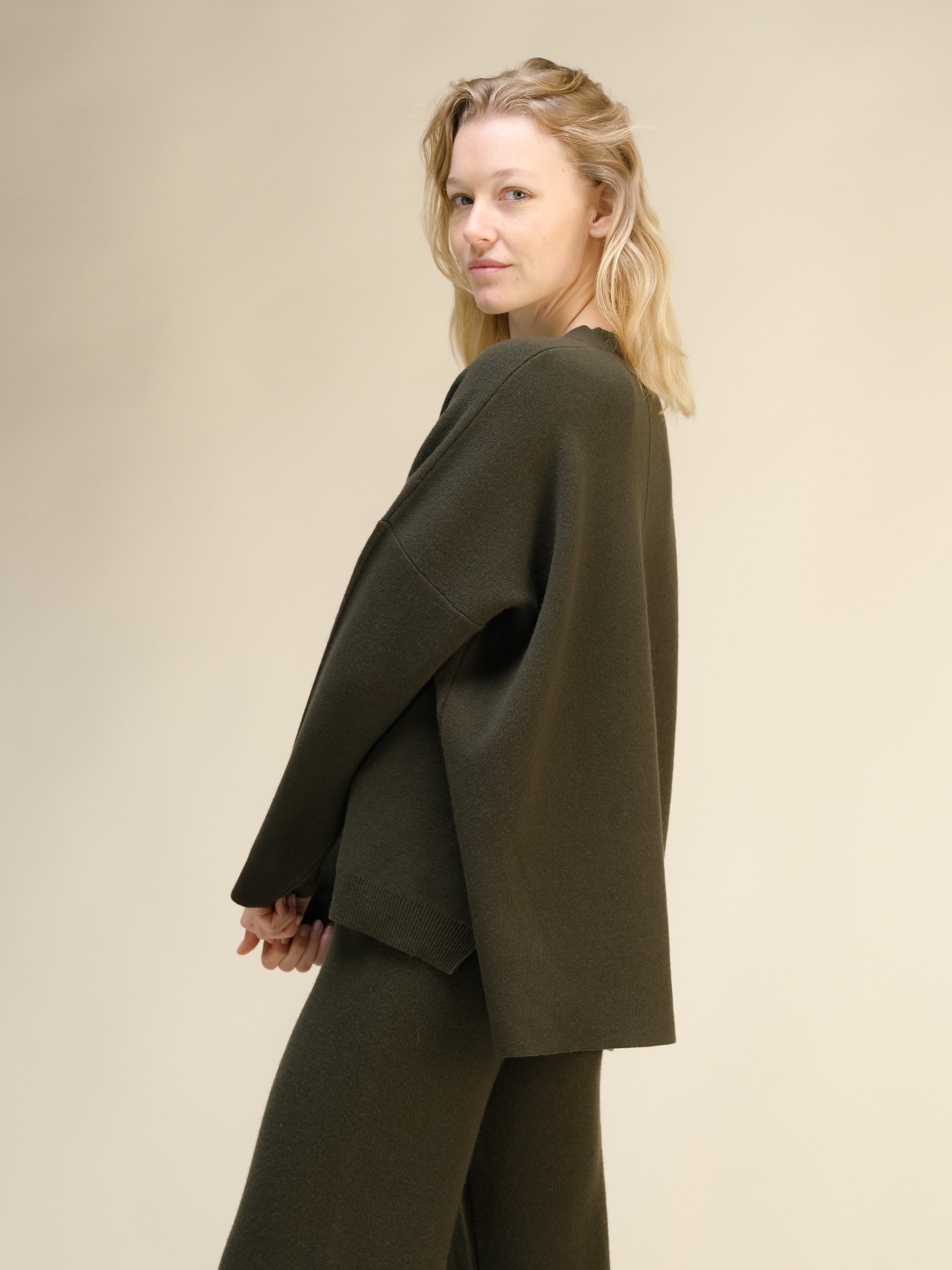Cashmere Mix Solid Maxi V Neck with Lateral Slits