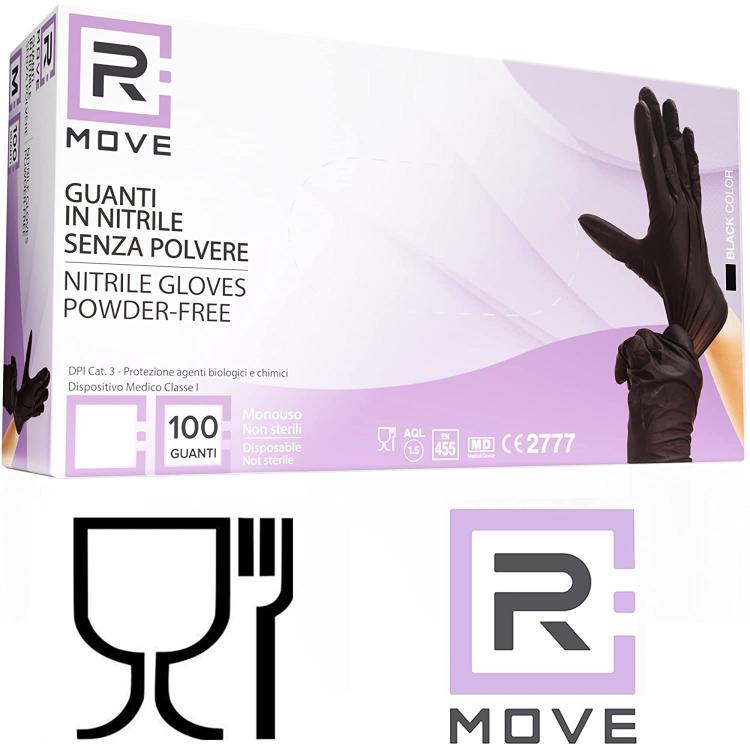 100 Guanti Monouso Nitrile Neri No Polvere Ipoallergenici Alimenti Estetica M
