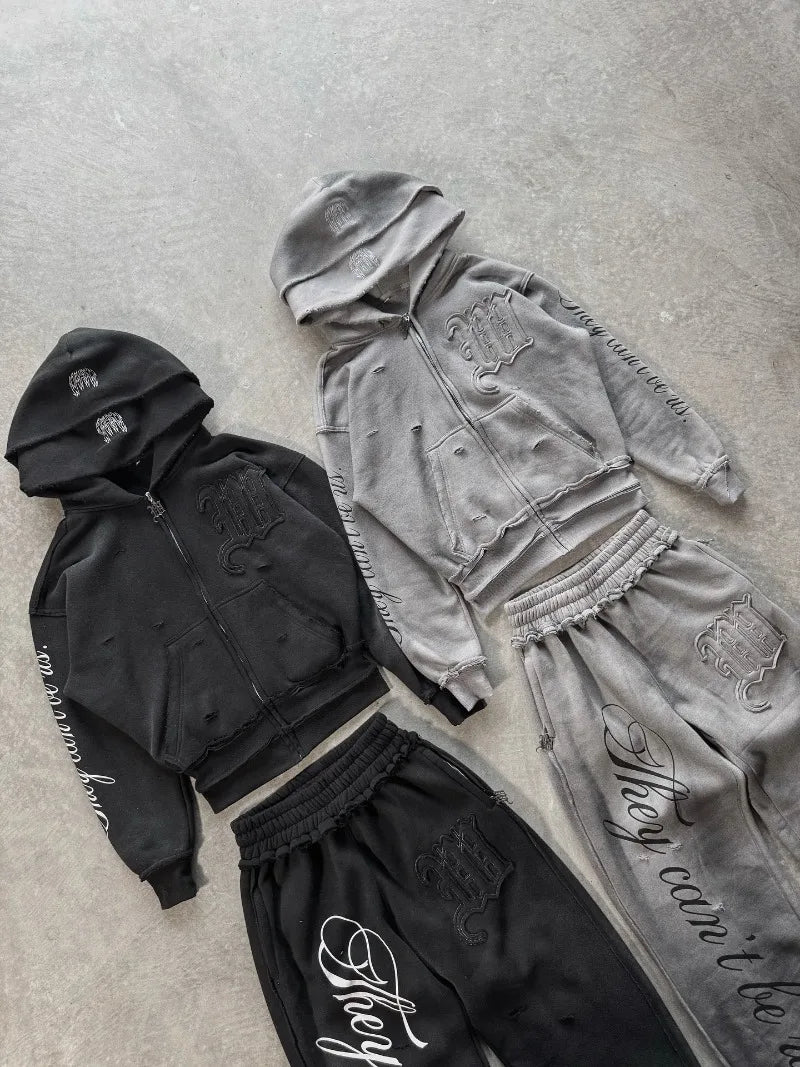 Retro hip hop Y2K street distressed color ripped design casual loose couple set trendy punk high street gothic fashion coat