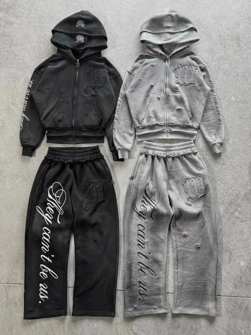 Retro hip hop Y2K street distressed color ripped design casual loose couple set trendy punk high street gothic fashion coat