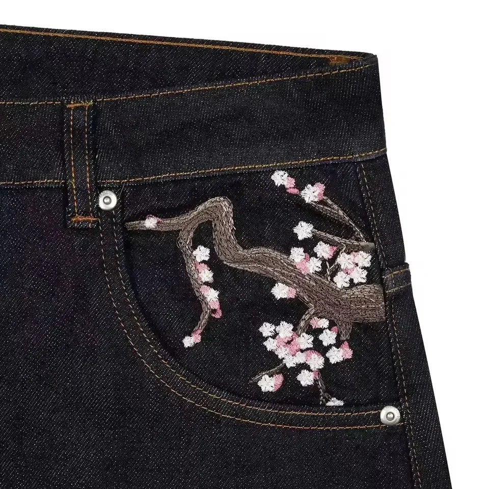 Casual suit retro low waist hip hop cherry blossom embroidered jeans wide leg pants y2k clothing mens embroidered loose jeans