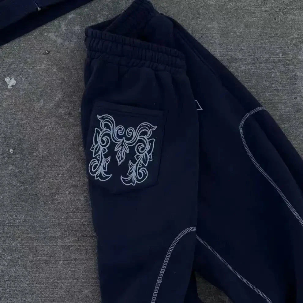 American Y2K Casual Zipper Hoodie Sweatpant Two Piece Set HipHop Oversized Embroidery Sweatshirts Men Women Casual Pants