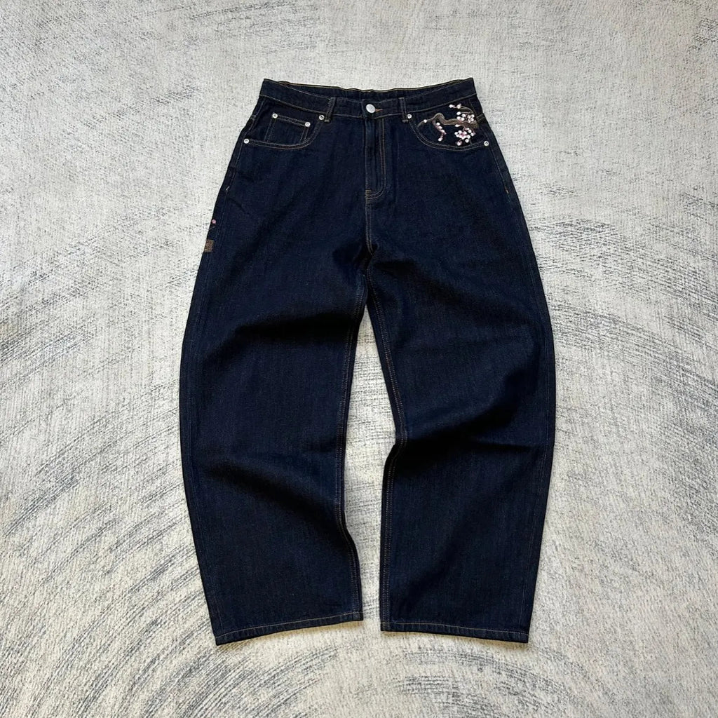 Casual suit retro low waist hip hop cherry blossom embroidered jeans wide leg pants y2k clothing mens embroidered loose jeans